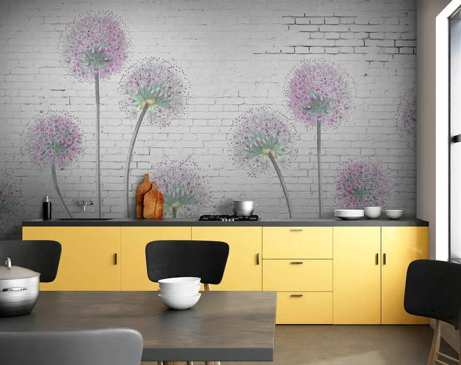 fototapet Dandelions pe fundalul unui perete de cărămidă u05372