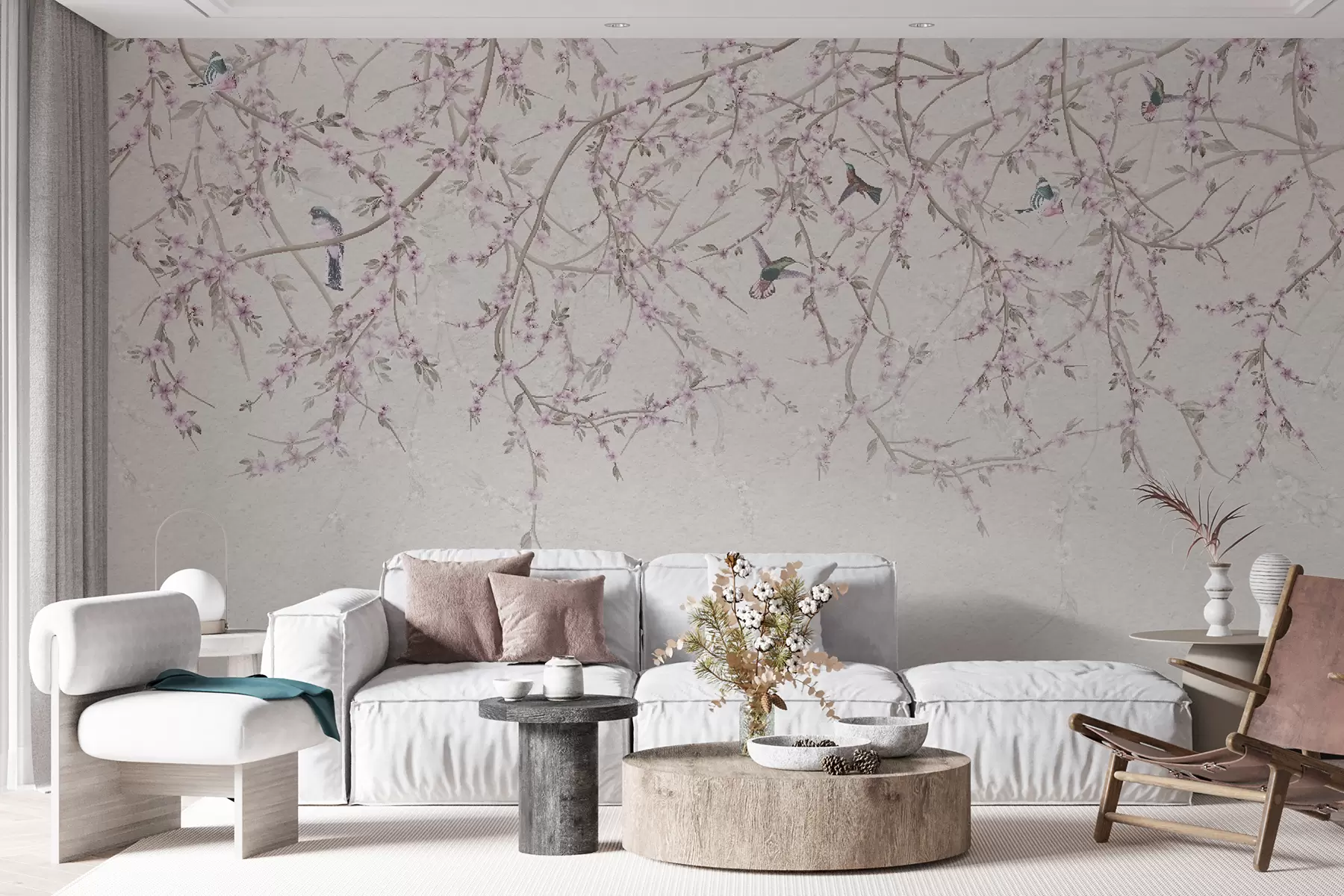 fototapet Ramuri florale și păsări în culori lăptoase u58941v2