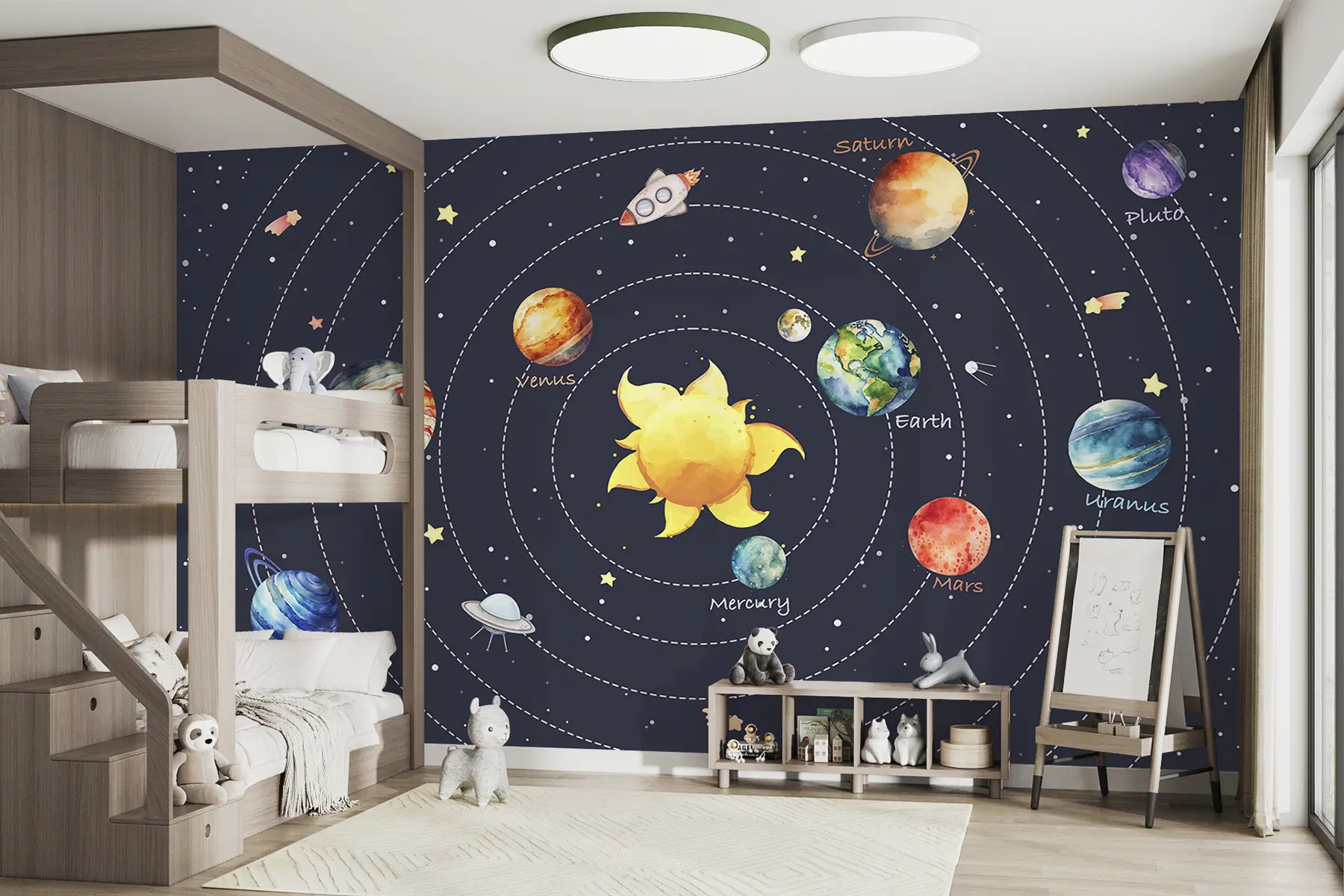 fototapet Sistem solar, planete, soare, rachetă, ufo, satelit, stele, spațiu întunecat w00215