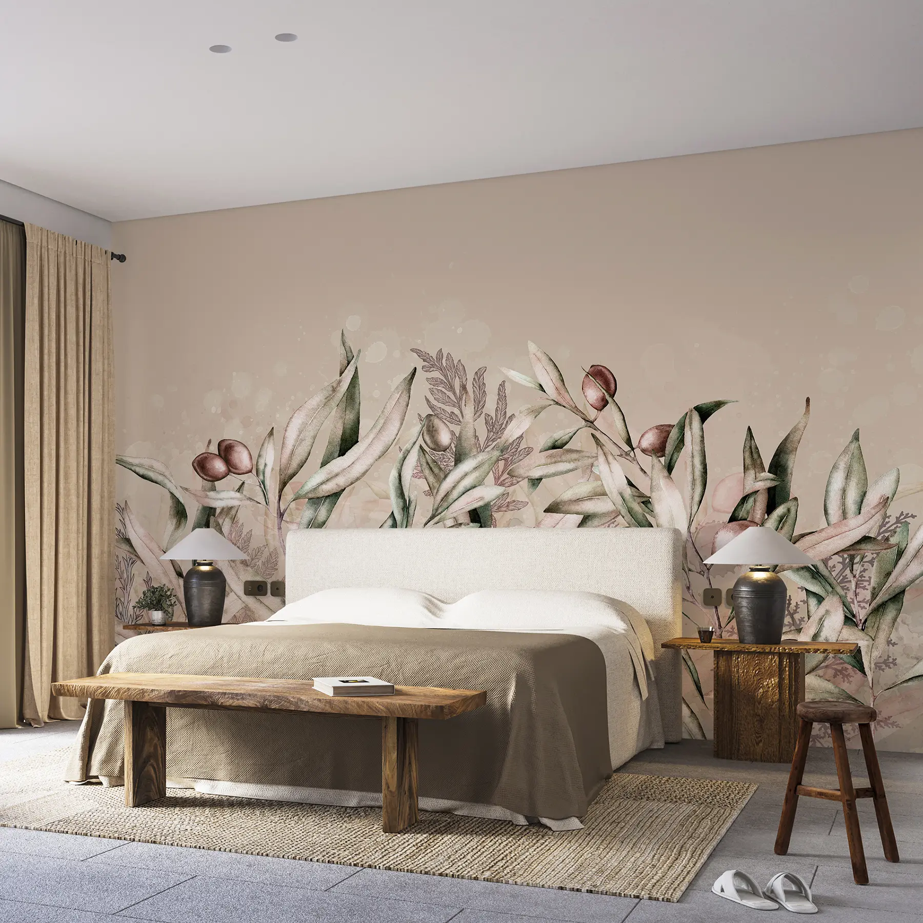 fototapet Măsline ilustrare, design floral, tropical, acuarelă, frunze mari, culori bej w00407v1