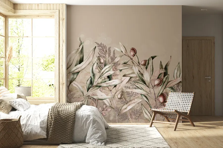 fototapet Măsline ilustrare, design floral, tropical, acuarelă, frunze mari, culori bej w00407v1