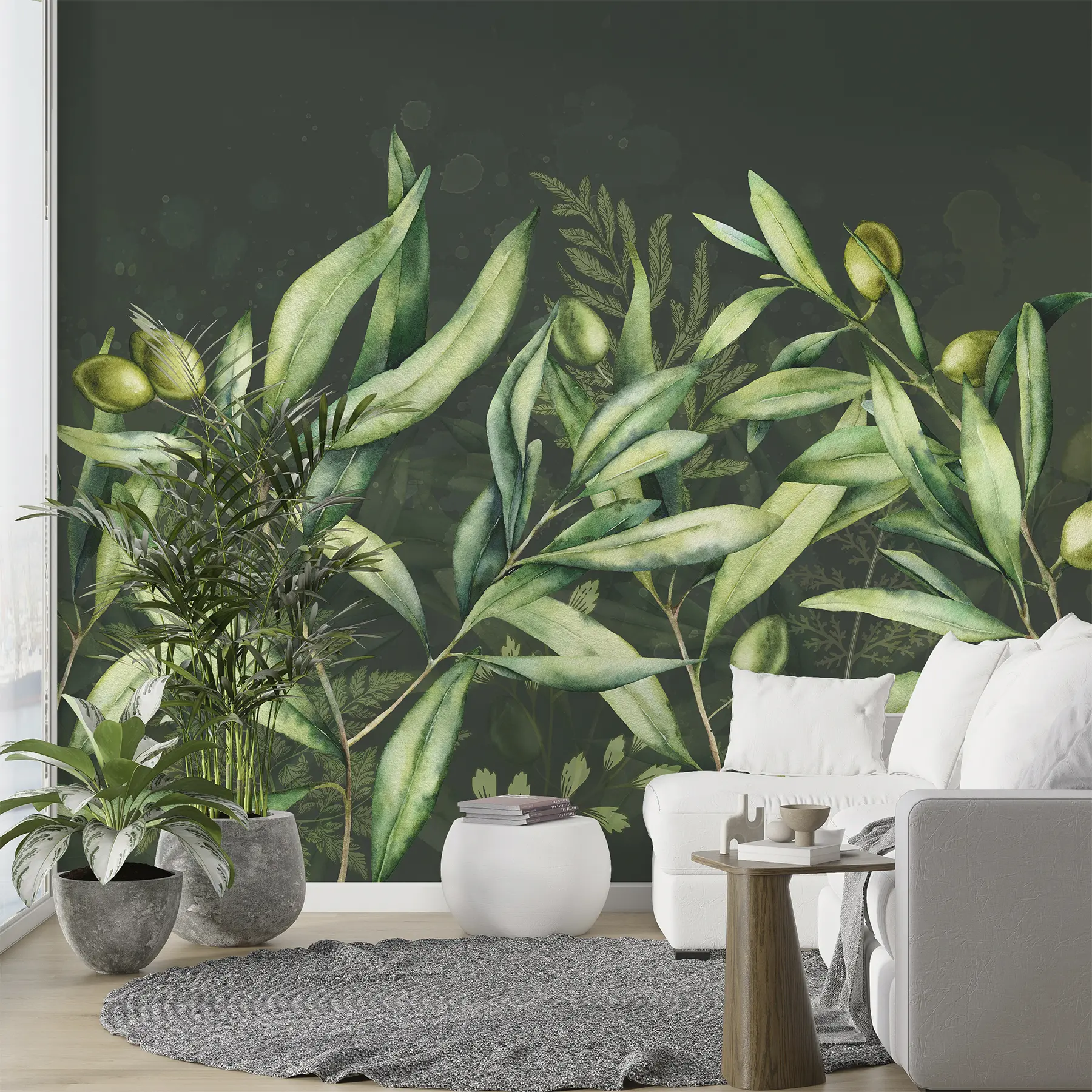 fototapet Măsline ilustrare, design floral, tropical, acuarelă, frunze mari, fundal întunecat w00407v4