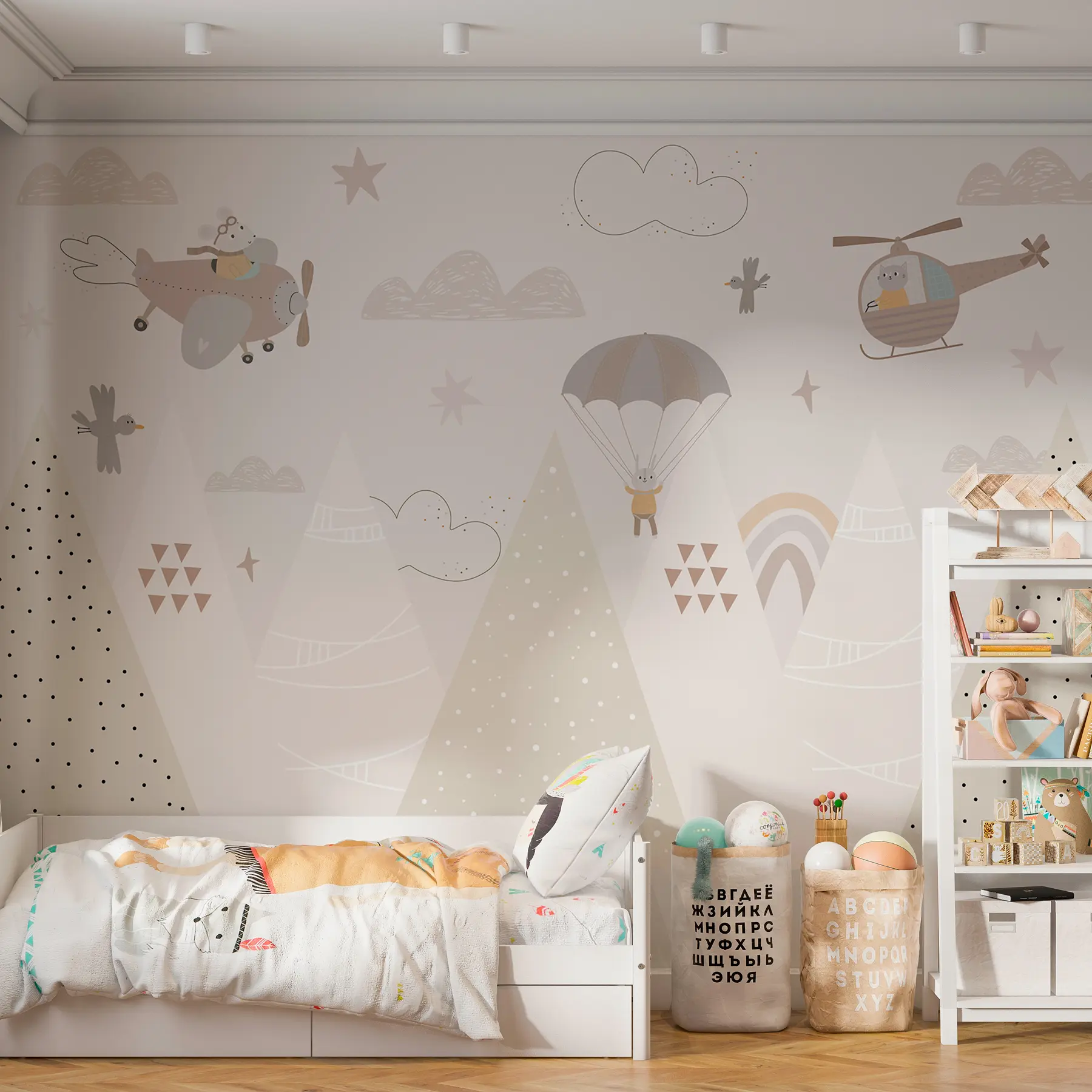 fototapet Munți bej cu elicopter, avion și animale w00414