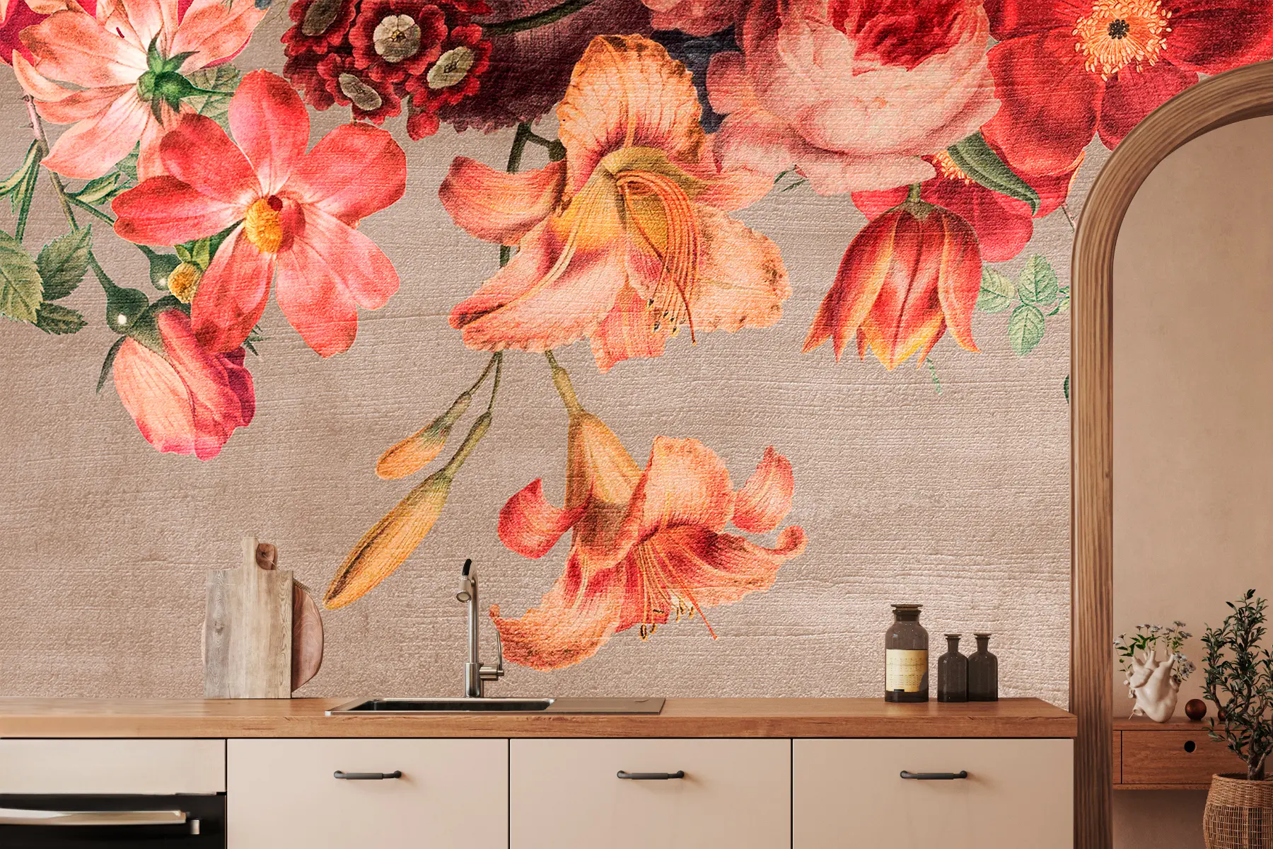 fototapet Botanică ilustrare buchet de flori încă de viață pe fundal maro w00427