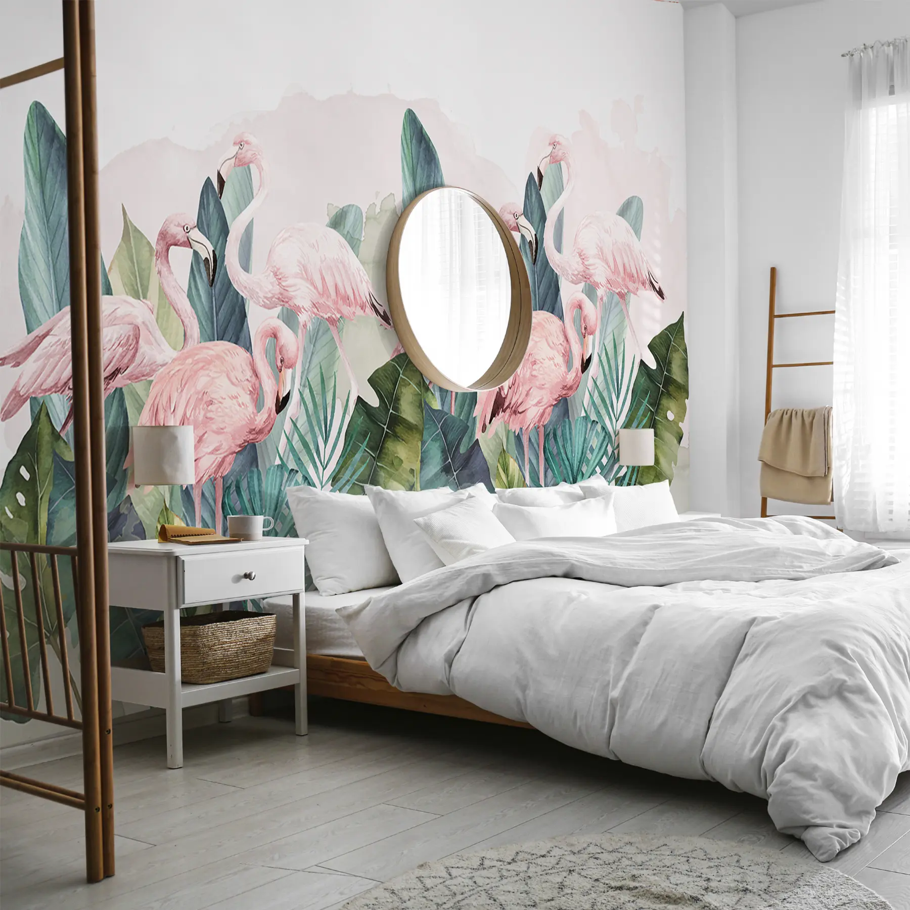 fototapet Flamingo în frunze tropicale, acuarelă, culori roz și verde w00505