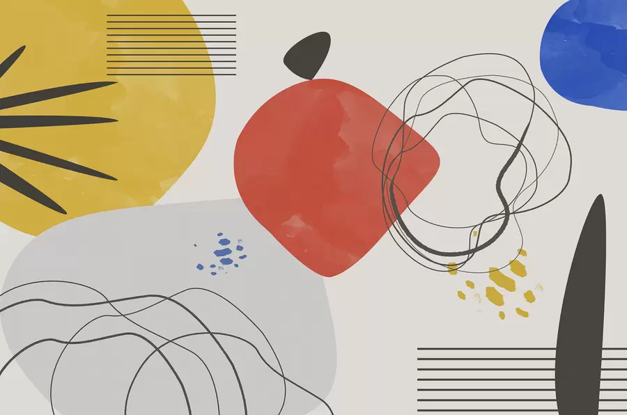 fototapet Abstracție modern, punct luminos, boho, geometrie, topografie, curbe, linii, roșu, galben, albastru, negru w00514