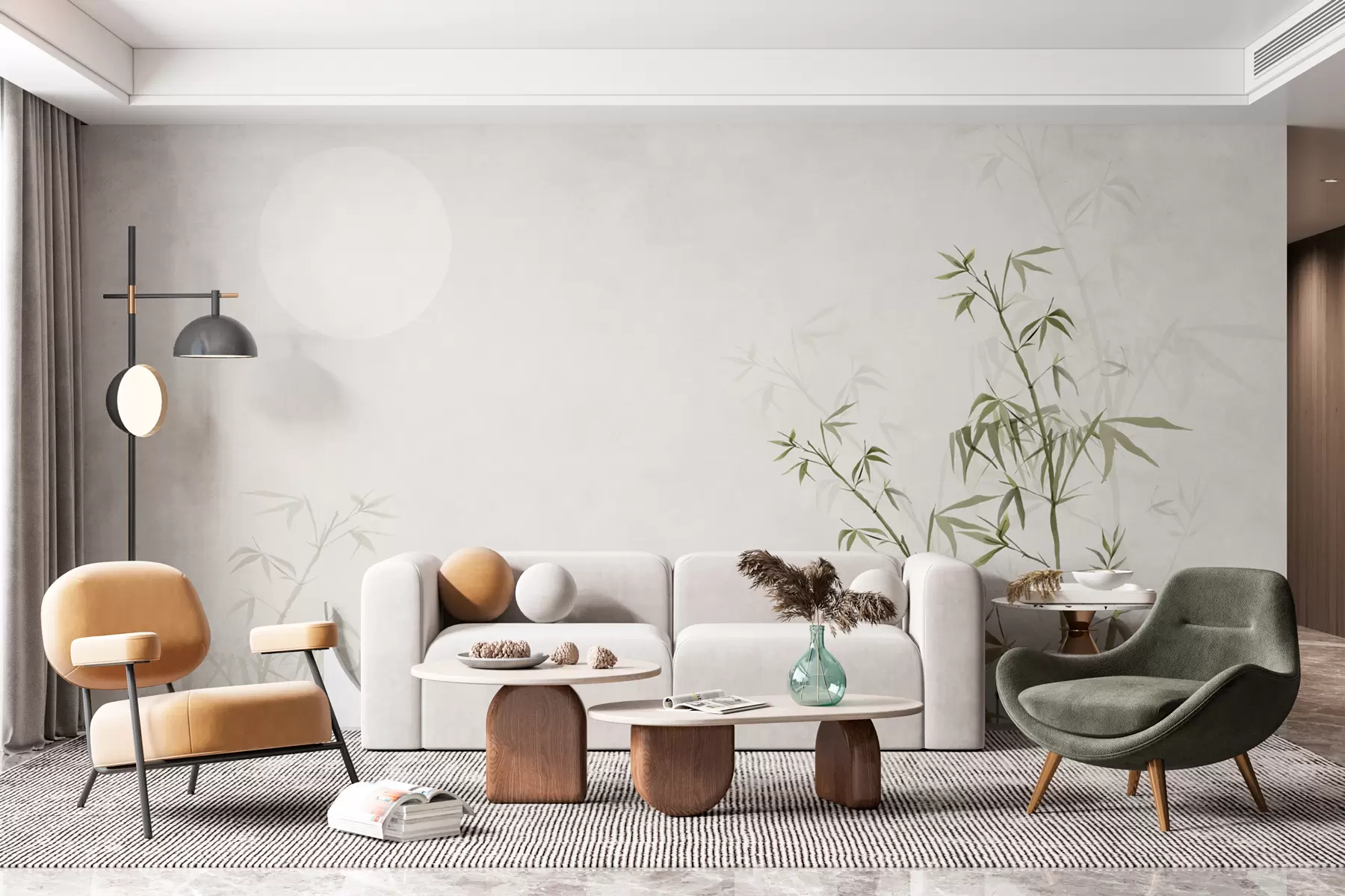 fototapet Minimalism stil Japandi plante bambus și soare Chinoiserie culoare verde w00547