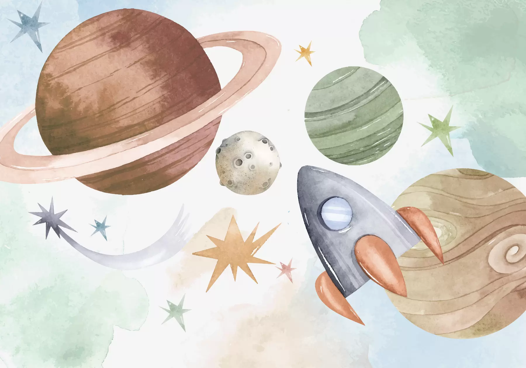 fototapet O ilustrație colorată reprezentând diverse planete și spațiu acuarelă w00539