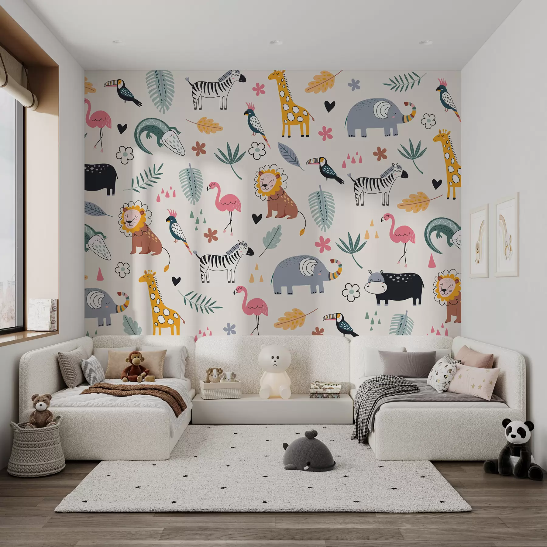 fototapet animale, lei, girafe, elefanți, frunze, camera copilului w00555