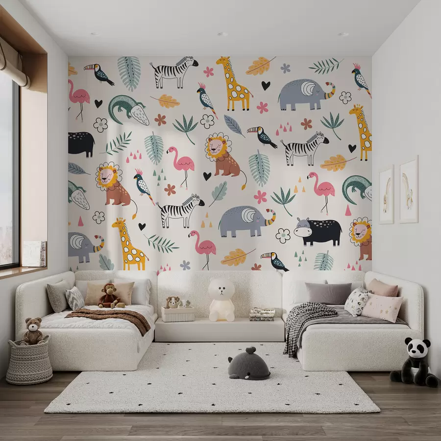 fototapet animale, lei, girafe, elefanți, frunze, camera copilului w00555