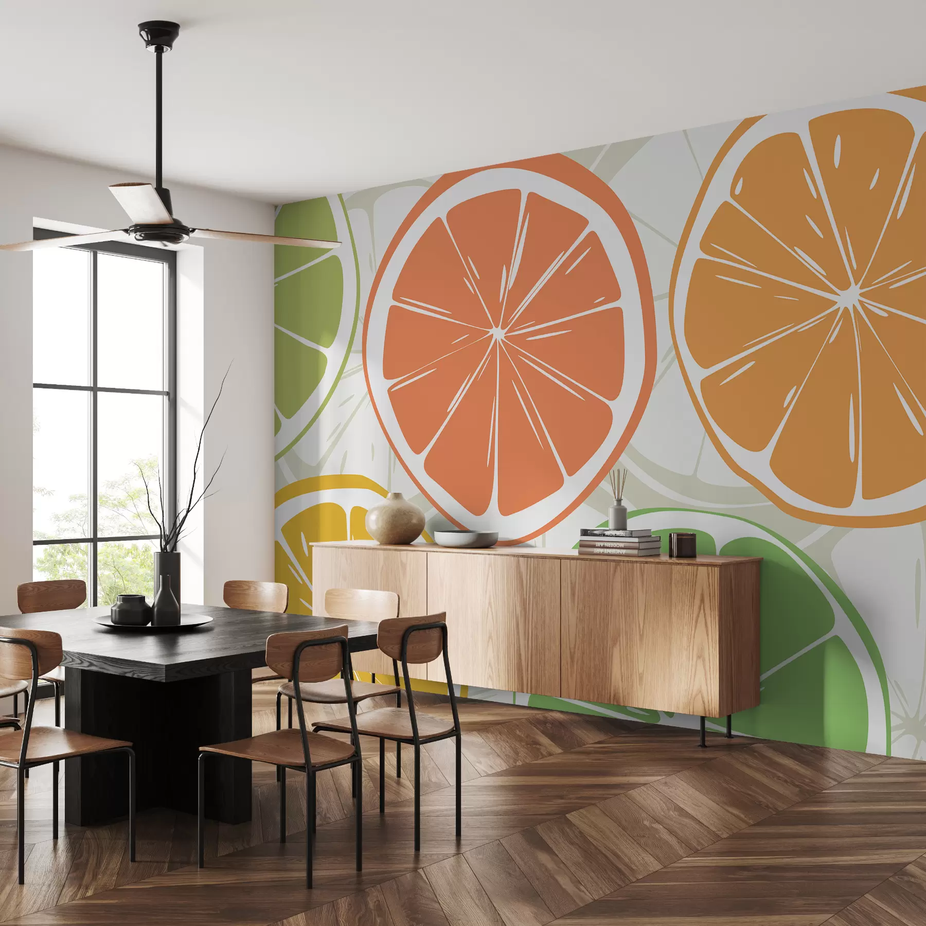 fototapet Citrice, portocale, lime, felii de grapefruit, spot, abstracție, fructe, roșu, portocaliu, verde w00725