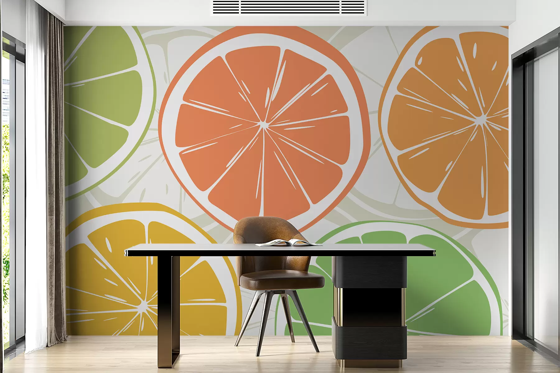 fototapet Citrice, portocale, lime, felii de grapefruit, spot, abstracție, fructe, roșu, portocaliu, verde w00725