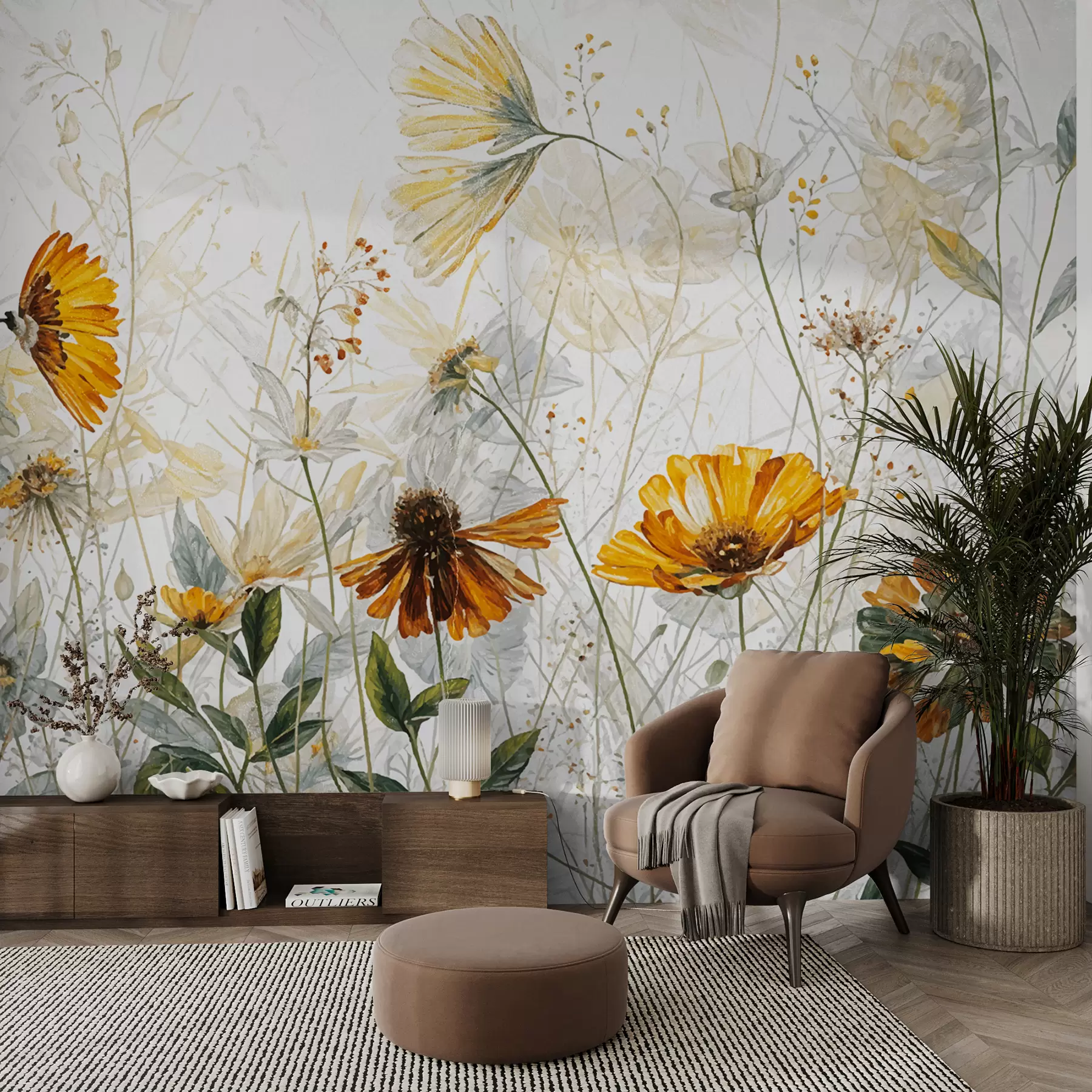 fototapet Un câmp de flori vibrante pe un fundal moale, cețos, cu flori albe delicate și iarbă subțire w00708