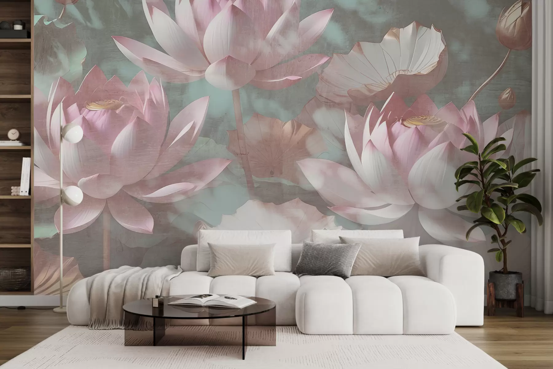 fototapet Un prim-plan al mai multor flori roz delicate de lotus pe un fundal blând, neclar w00710