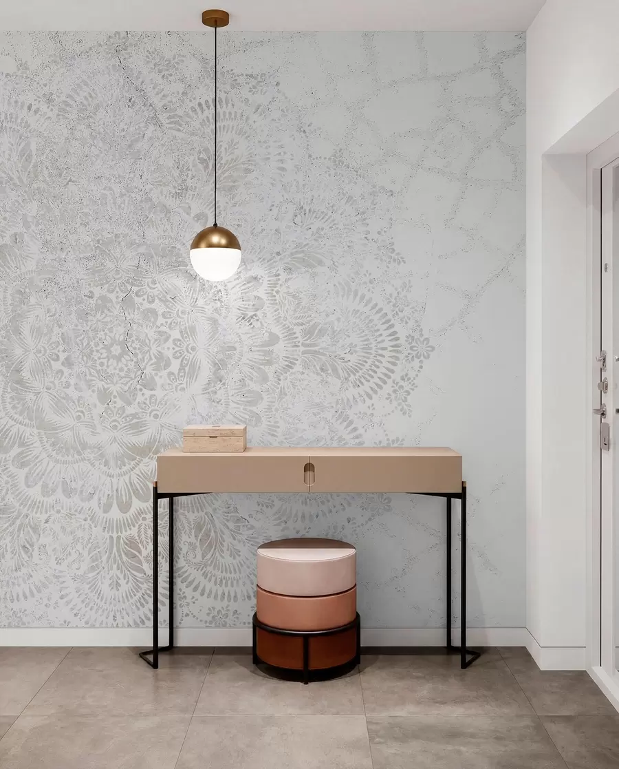 fototapet Mandala, model de dantelă albă cu motive florale și circulare, creând un design delicat și complex w00737