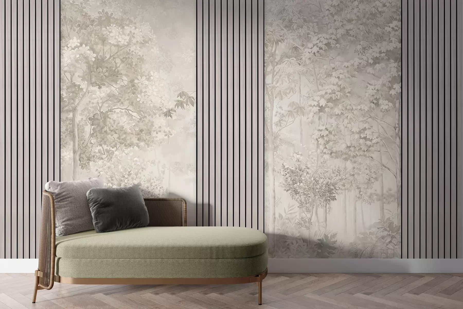 fototapet Panouri din lemn și pădure delicată în culori pastelate w00670