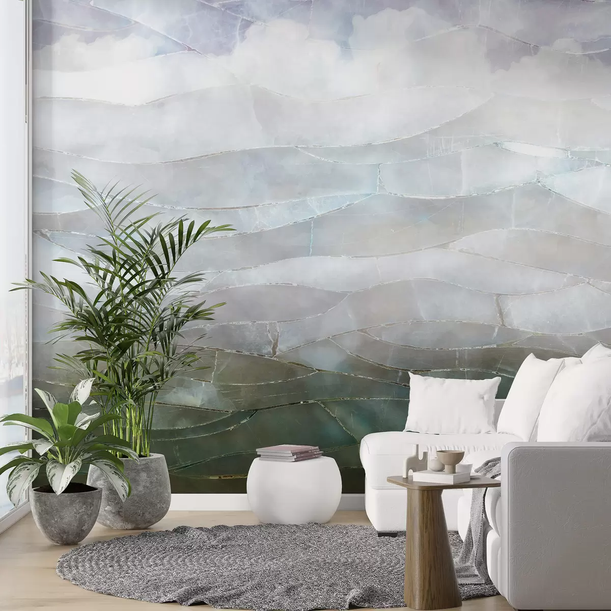 fototapet Textură cețoasă, dealuri peisaj abstract gradient cu câmpuri verzi de rulare prin ceață w00795