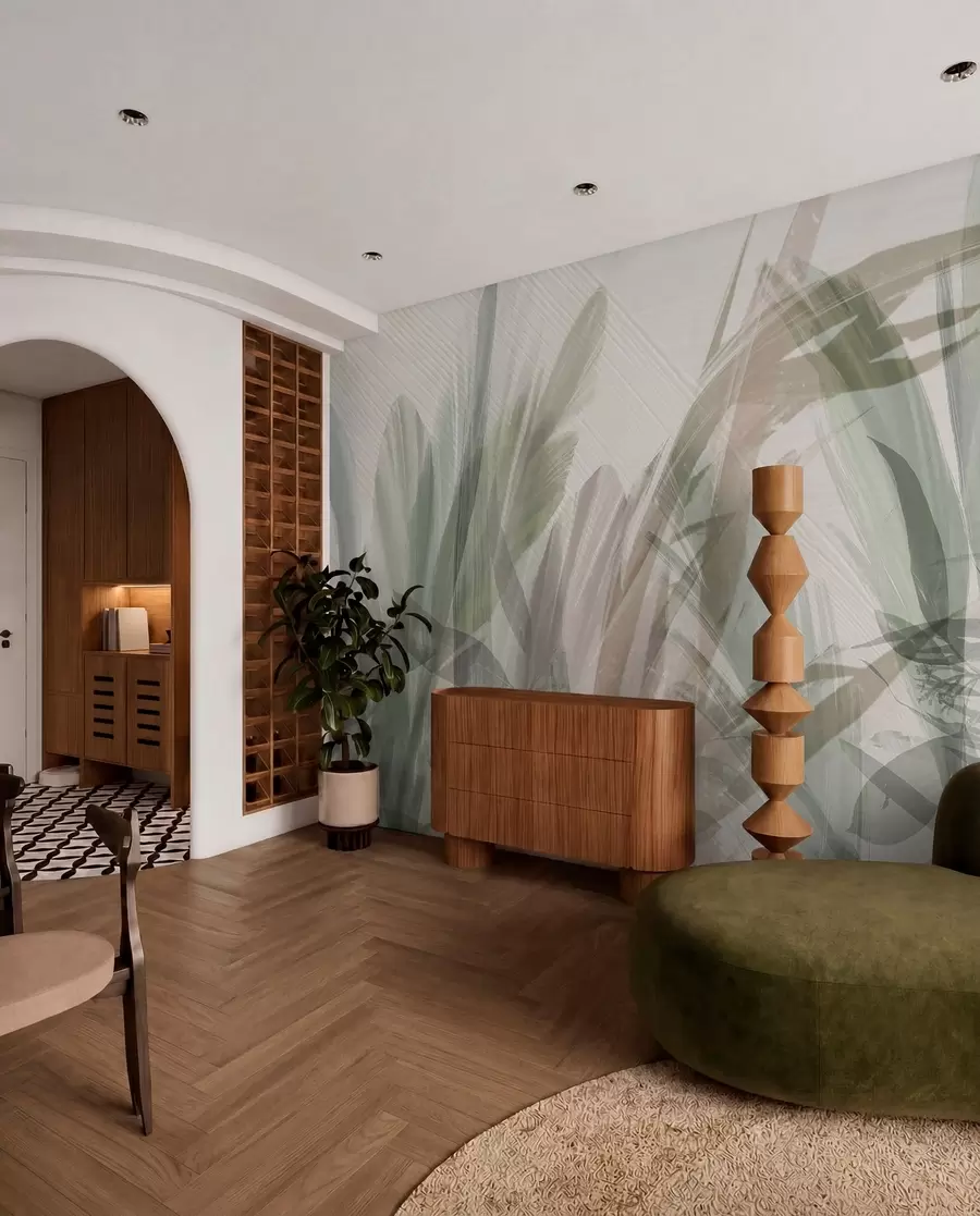 fototapet Multicompoziție abstractă de forme neclare de frunze tropicale asemănătoare ierbii în nuanțe de verde deschis și gri w00798