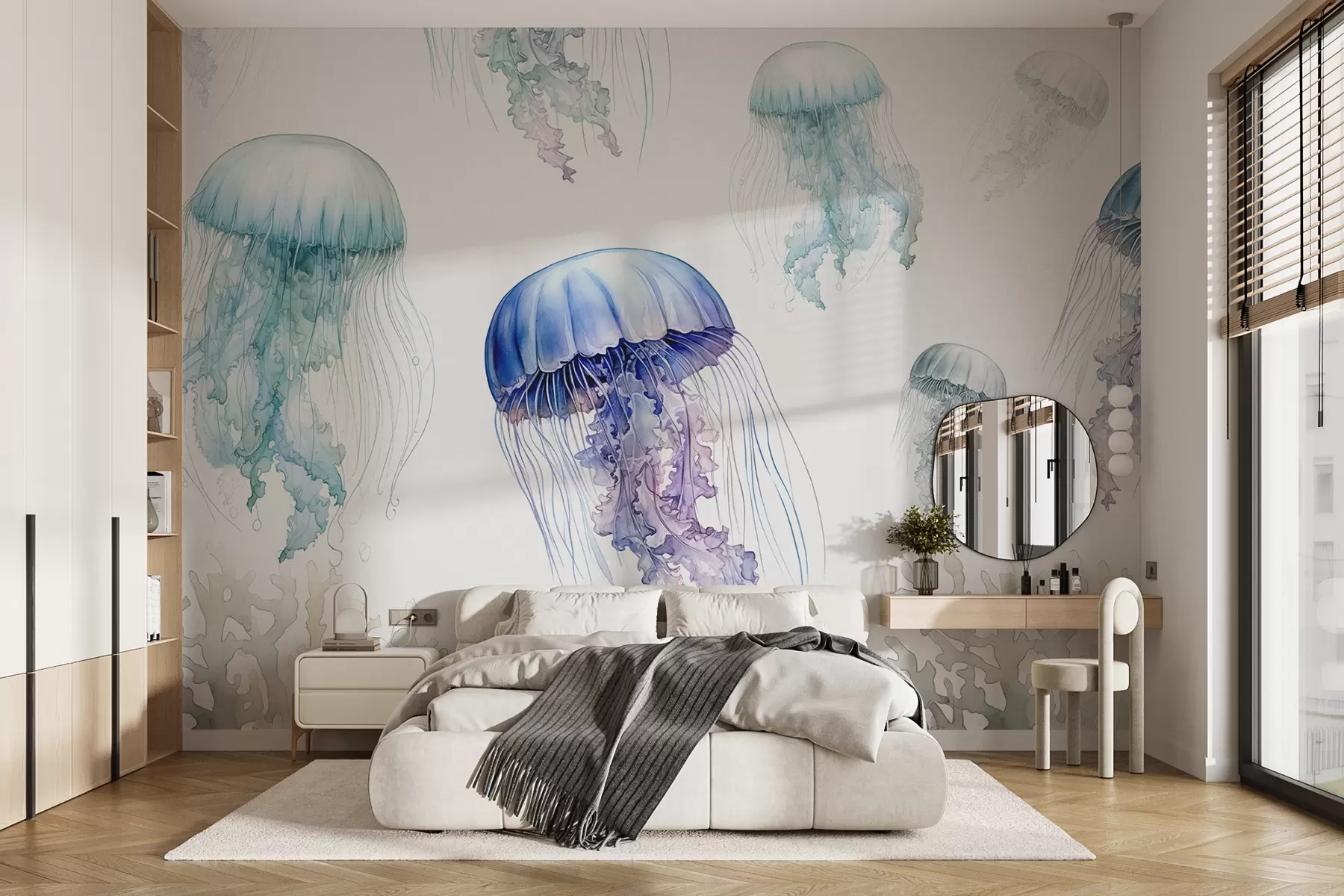 fototapet Meduză de mare, acuarelă, gri, albastru, roșu w00820