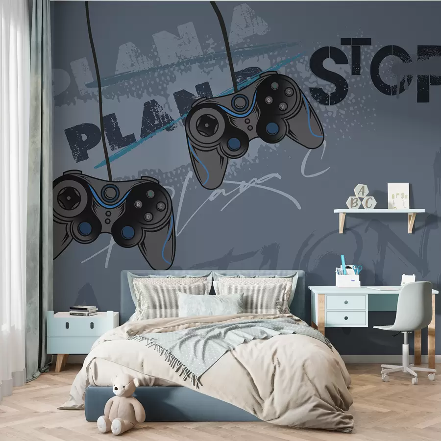 fototapet Tapet pentru copii pentru adolescent cu joystick-uri și litere grafice în albastru w00829
