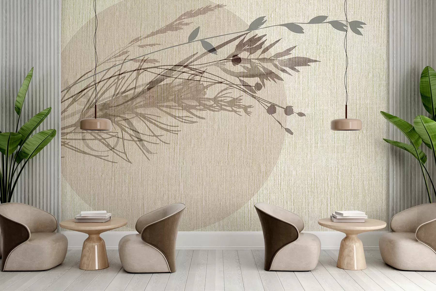 fototapet O ilustrație minimalistă a unei forme circulare cu elemente abstracte asemănătoare plantelor în tonuri de pământ atenuate w00902