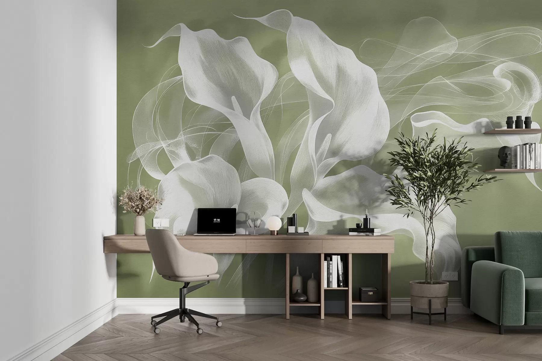 fototapet flori abstracte cu un voal pe un fundal verde w01196v3