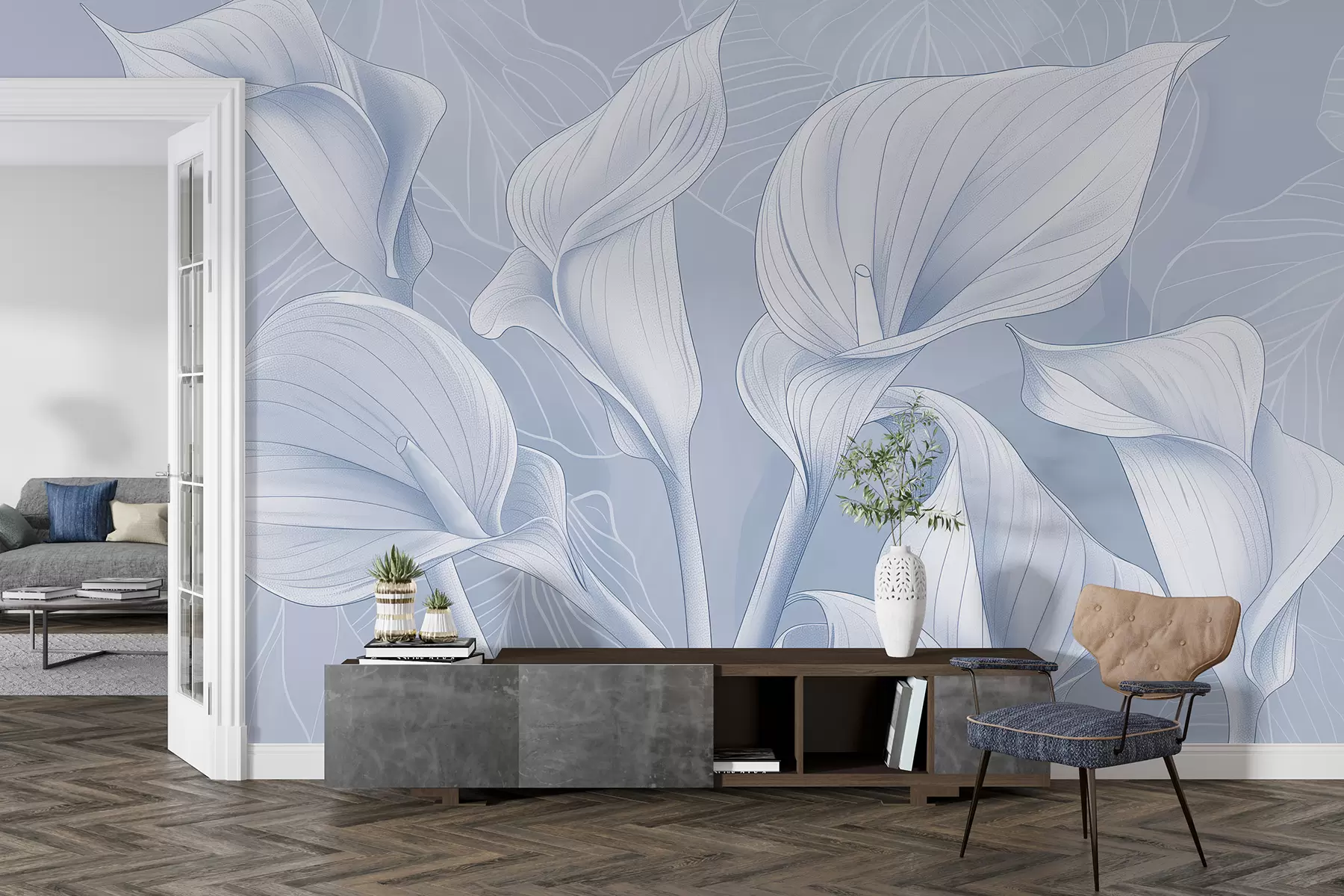 fototapet flori de calla pictate pe un fundal albastru w01197v1