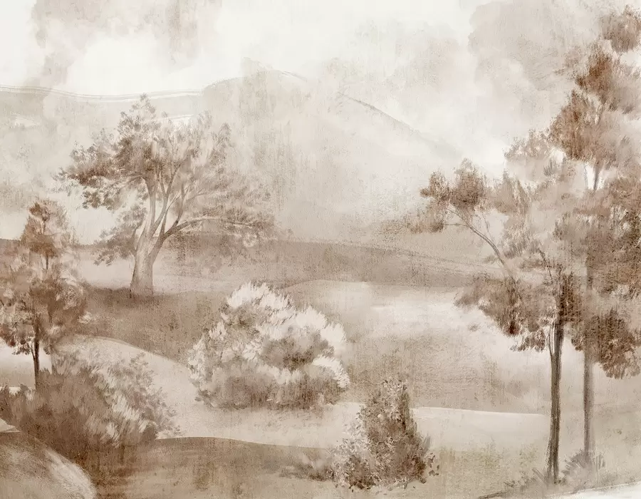 fototapet Pictură peisagistică a unei scene rurale cețoase înconjurată de copaci luxurianți și frunze în nuanțe de maro w01247