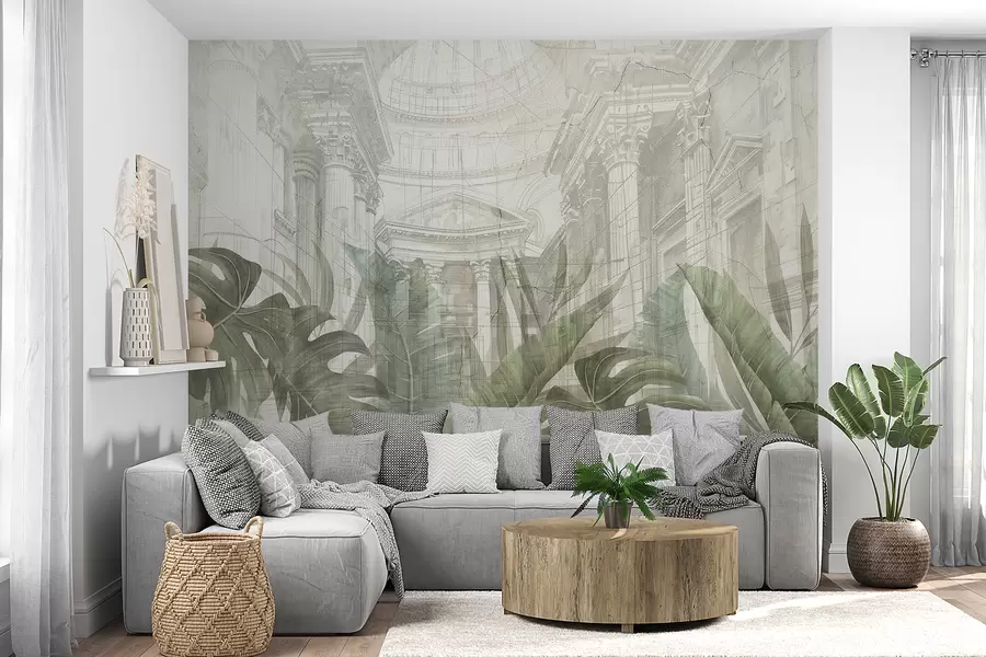 fototapet Un desen grandios cu coloane arhitecturale ornamentate din marmură și plante verzi tropicale luxuriante w01311