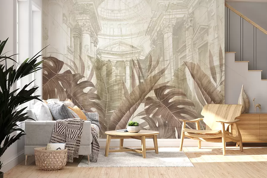 fototapet Un desen grandios cu coloane arhitecturale ornamentate din marmură și plante tropicale luxuriante din sepia w01311v1