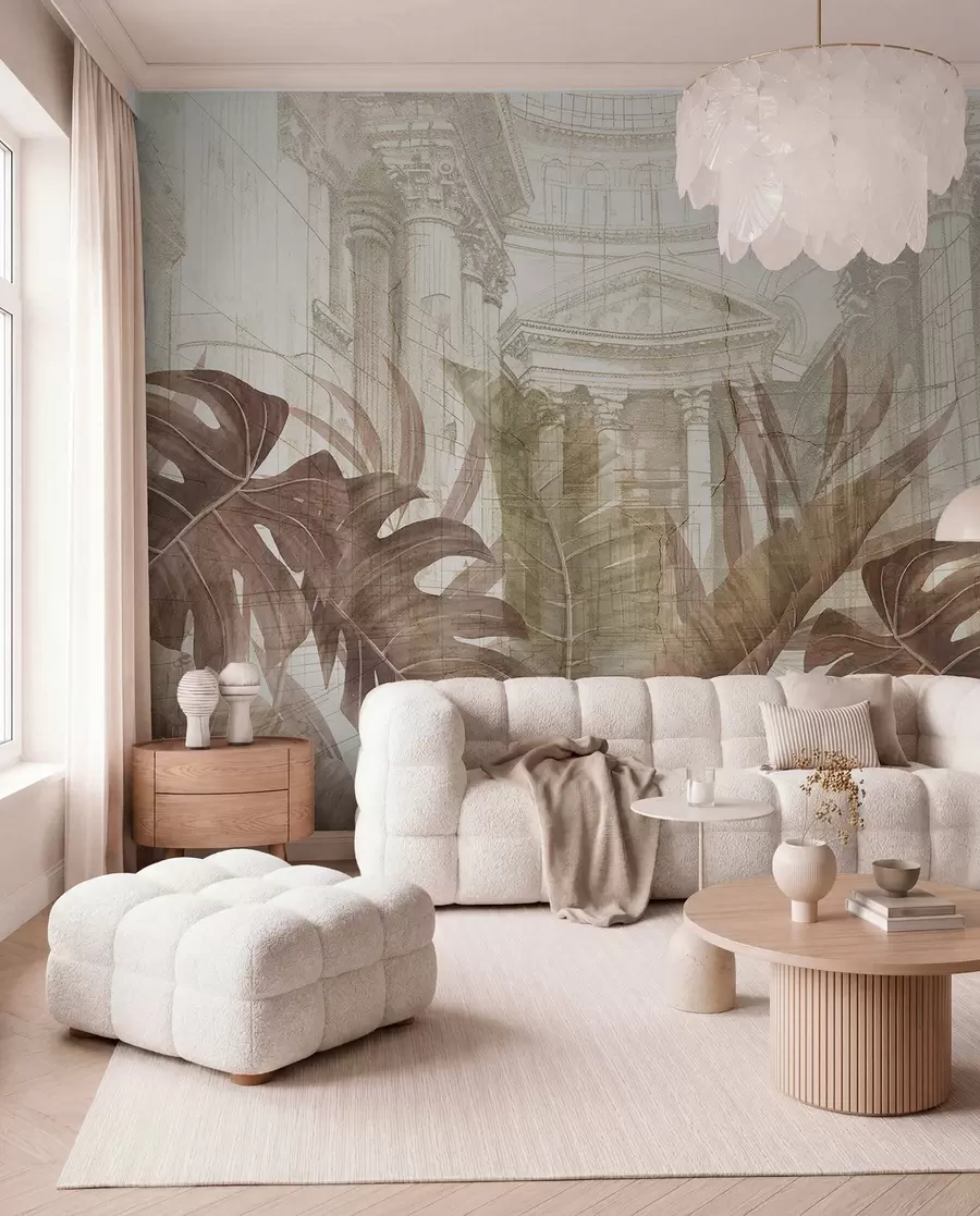 fototapet Un desen grandios cu coloane arhitecturale ornamentate din marmură și plante tropicale luxuriante din sepia w01311v1
