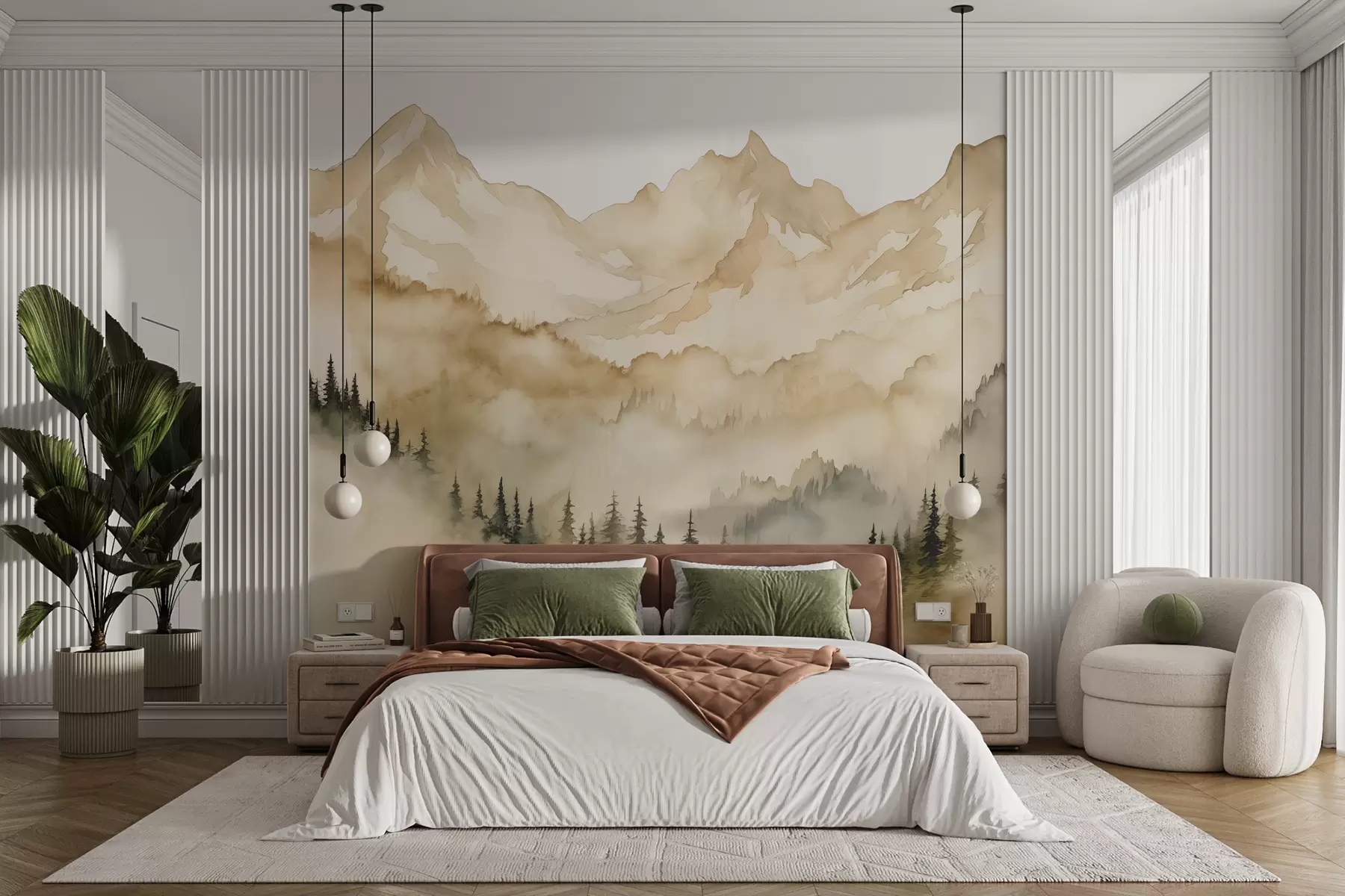 fototapet Pădure în ceață la poalele munților stâncoși bej acuarelă ilustrare w07884