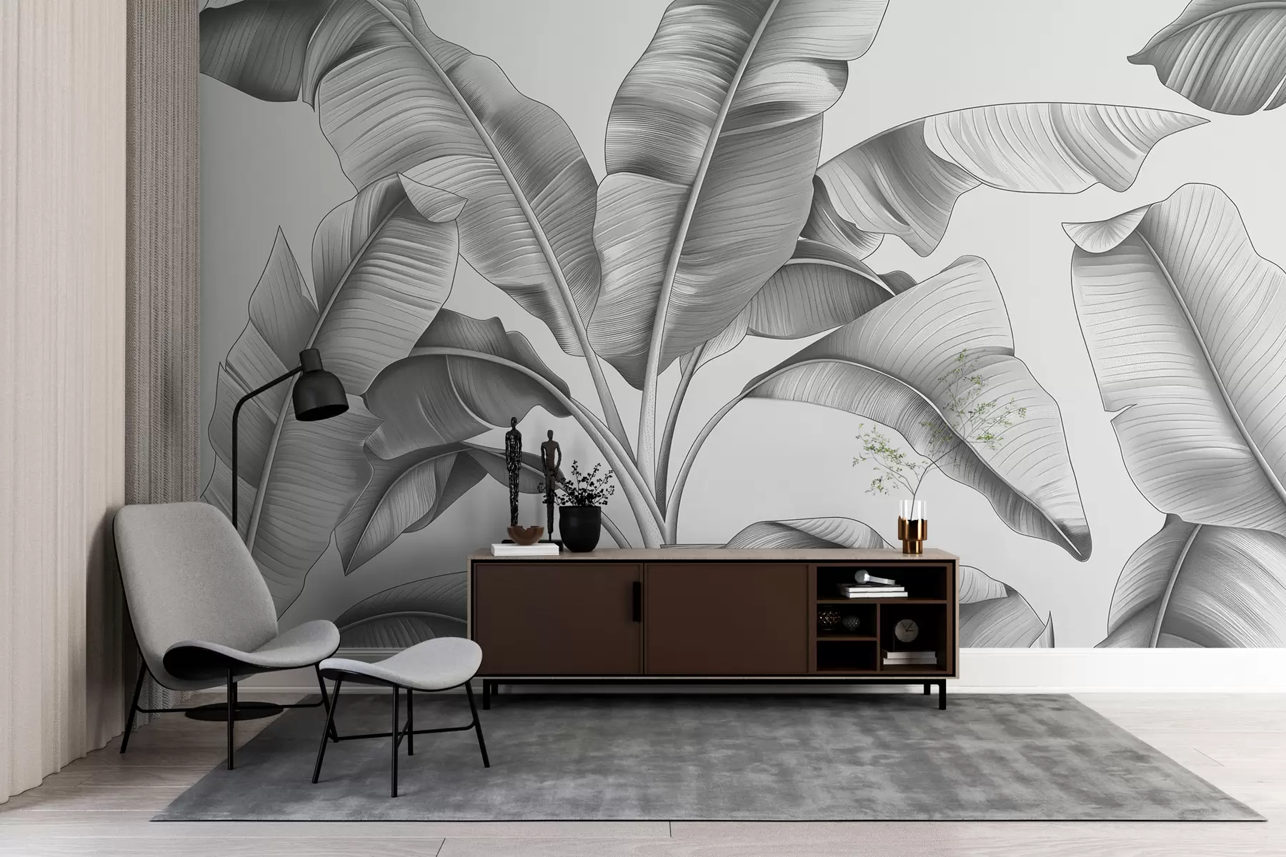 fototapet frunze mari de banane desenate în tonuri de gri w07877