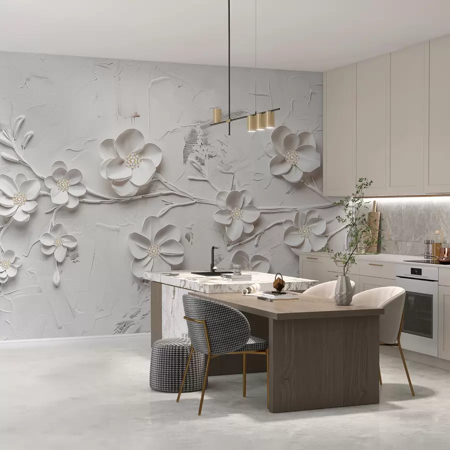 fototapet Fundal alb texturat cu flori albe 3D în plină înflorire, conectate prin ramuri, minimalist și elegant w01226