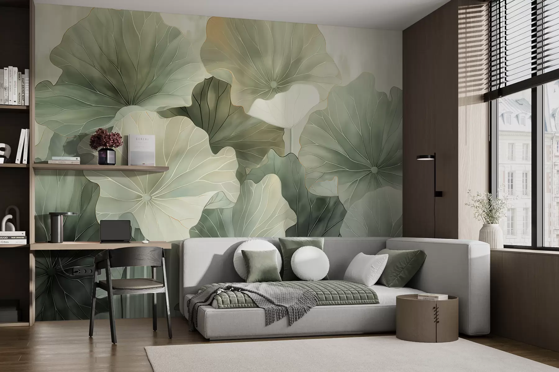 fototapet Frunzele mari de lotus sunt pictate cu acuarele w07938v1