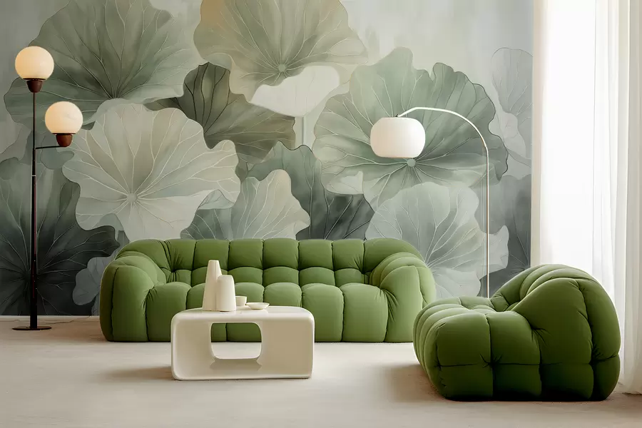 fototapet Frunzele mari de lotus sunt pictate cu acuarele w07938v1