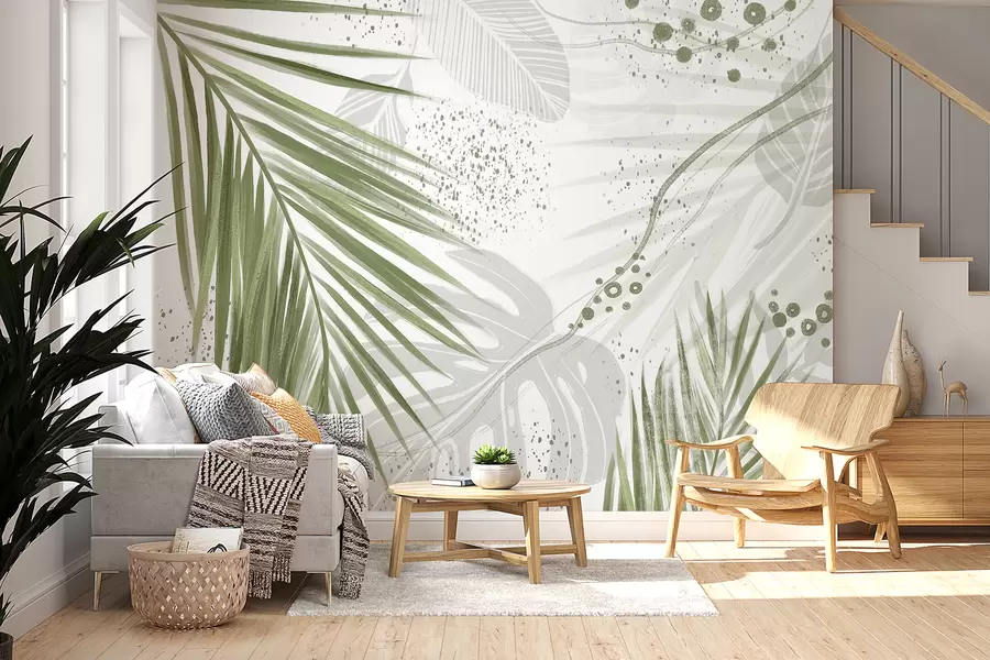 fototapet Frunze și frunze de palmier de un verde tropical, cu forme abstracte și stropi în nuanțe de verde și alb w07918