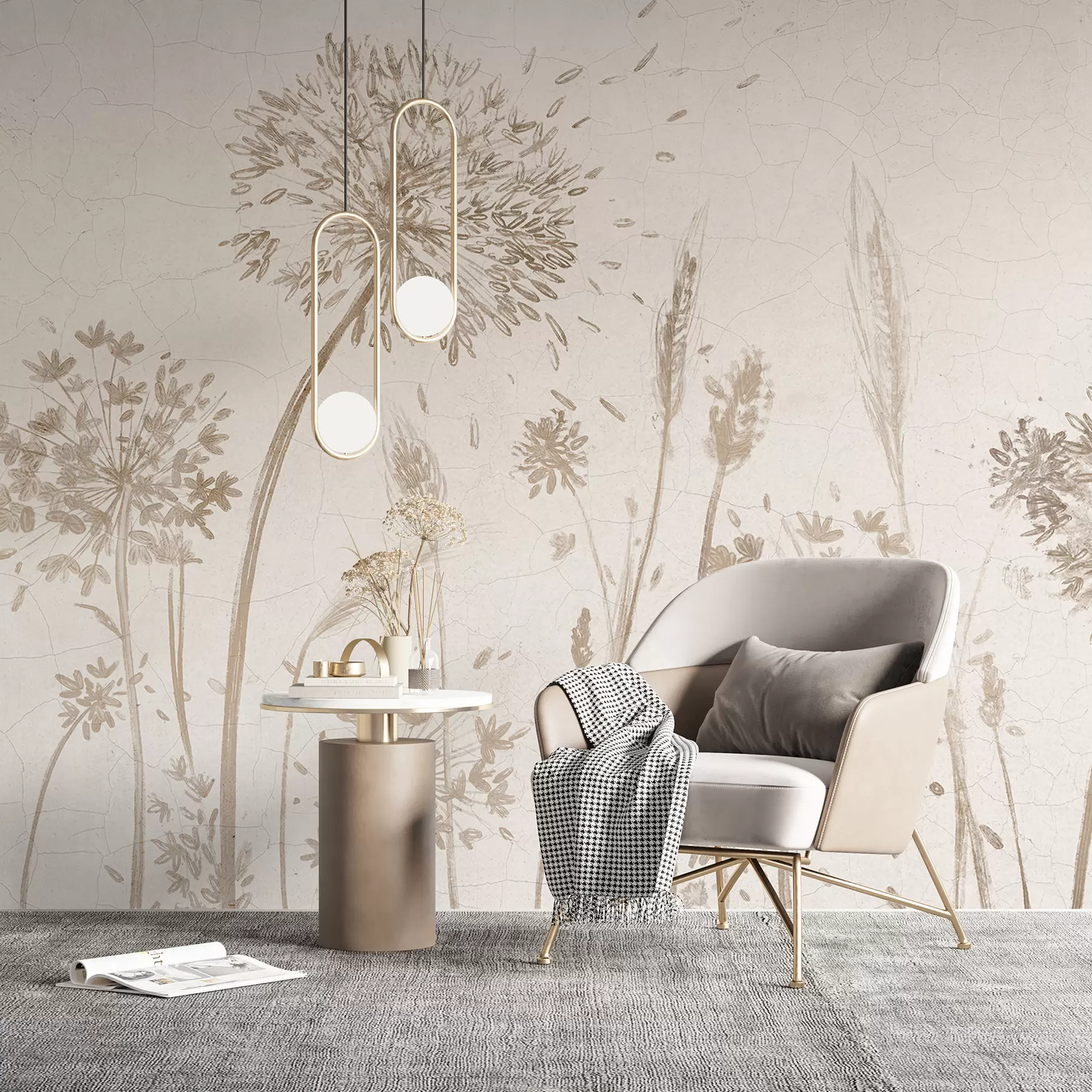 fototapet Un câmp de păpădii și alte flori sălbatice pe un fundal moale, cețos w07921