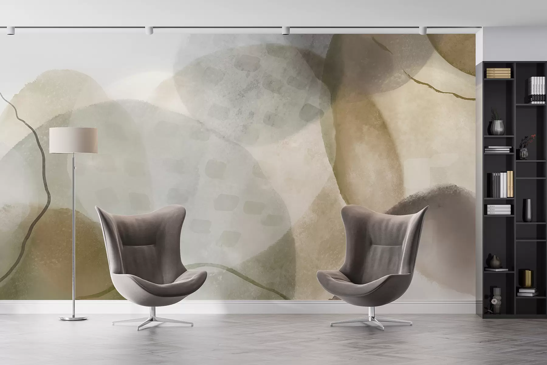 fototapet Forme abstracte moi, în acuarelă, în nuanțe de maro, sepia și alb w07926v1