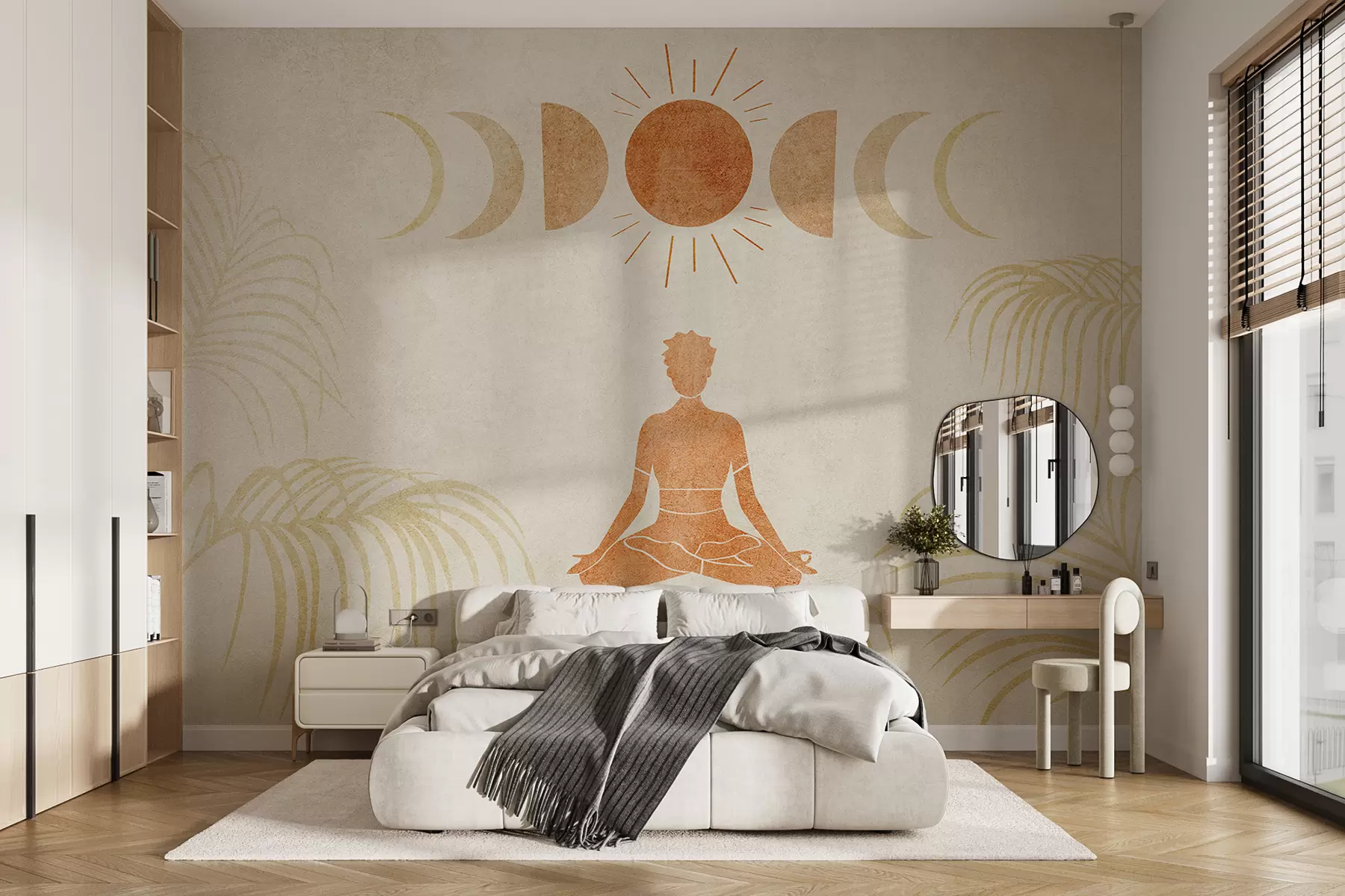 fototapet O fată stă în poziția lotus sub fazele lunii printre frunze de palmier, textură, culoare portocalie, yoga w07970