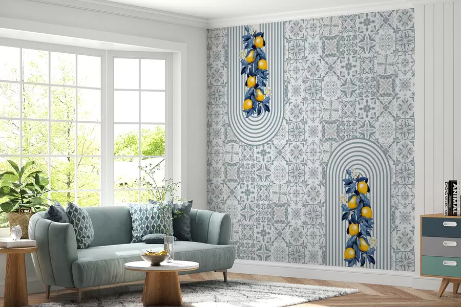 fototapet model sicilian, imprimare albastră cu lămâi. model de țiglă ceramică albastră italiană. Ceramică mediteraneană din porțelan. Ornamente populare etnice w08034