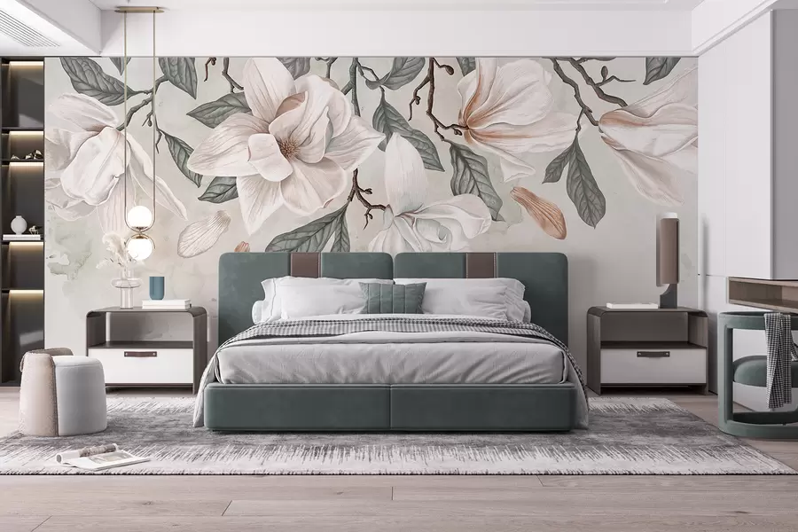 fototapet Flori delicate de magnolie roz și albe cu frunze verzi pe un fundal deschis, o compoziție florală moale w07977