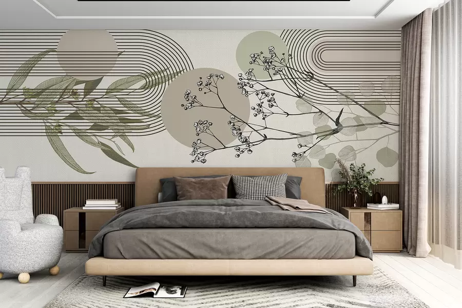 fototapet O abstracție minimalistă cu forme organice, ramuri de copac stilizate sau plante cu detalii florale delicate w07979