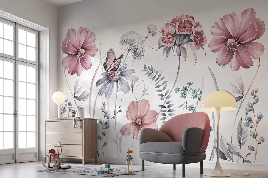 fototapet Flori delicate mari și plante cu fluture w07905