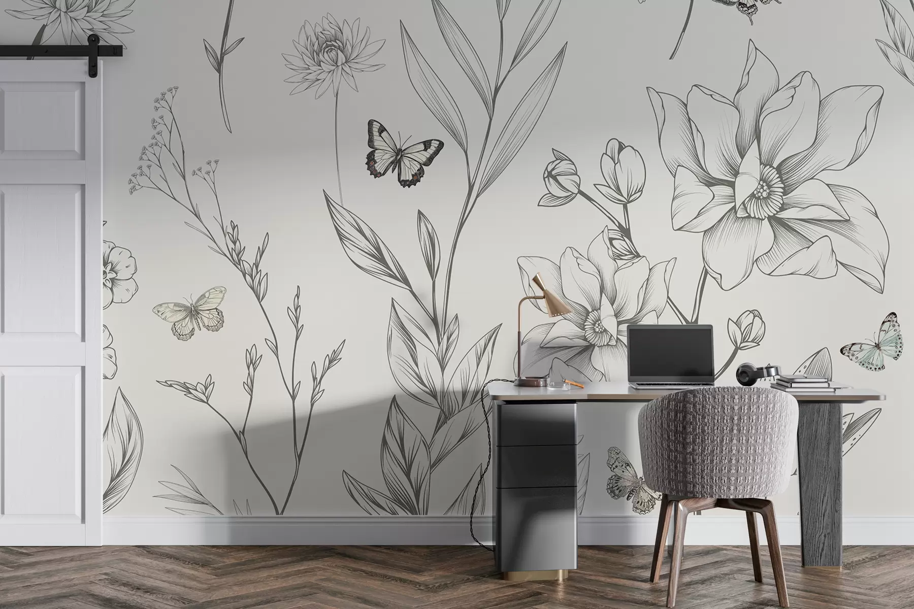 fototapet Boho Monochrome flori și fluturi w08088