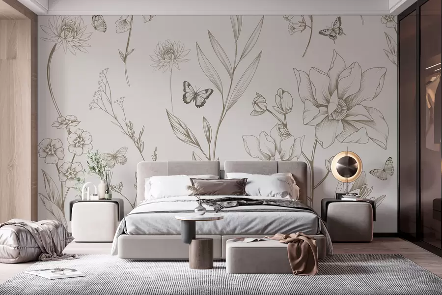 fototapet Boho Monochrome Flori și fluturi în culoarea bej w08088v1