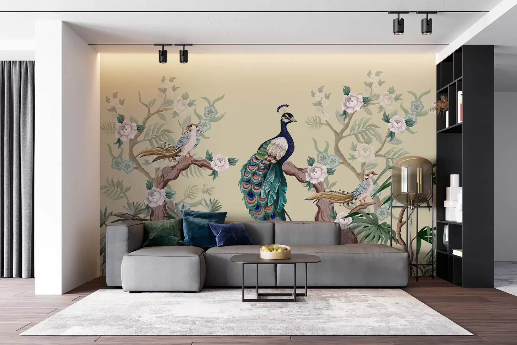 fototapet păun pe un copac, fundal bej w08168