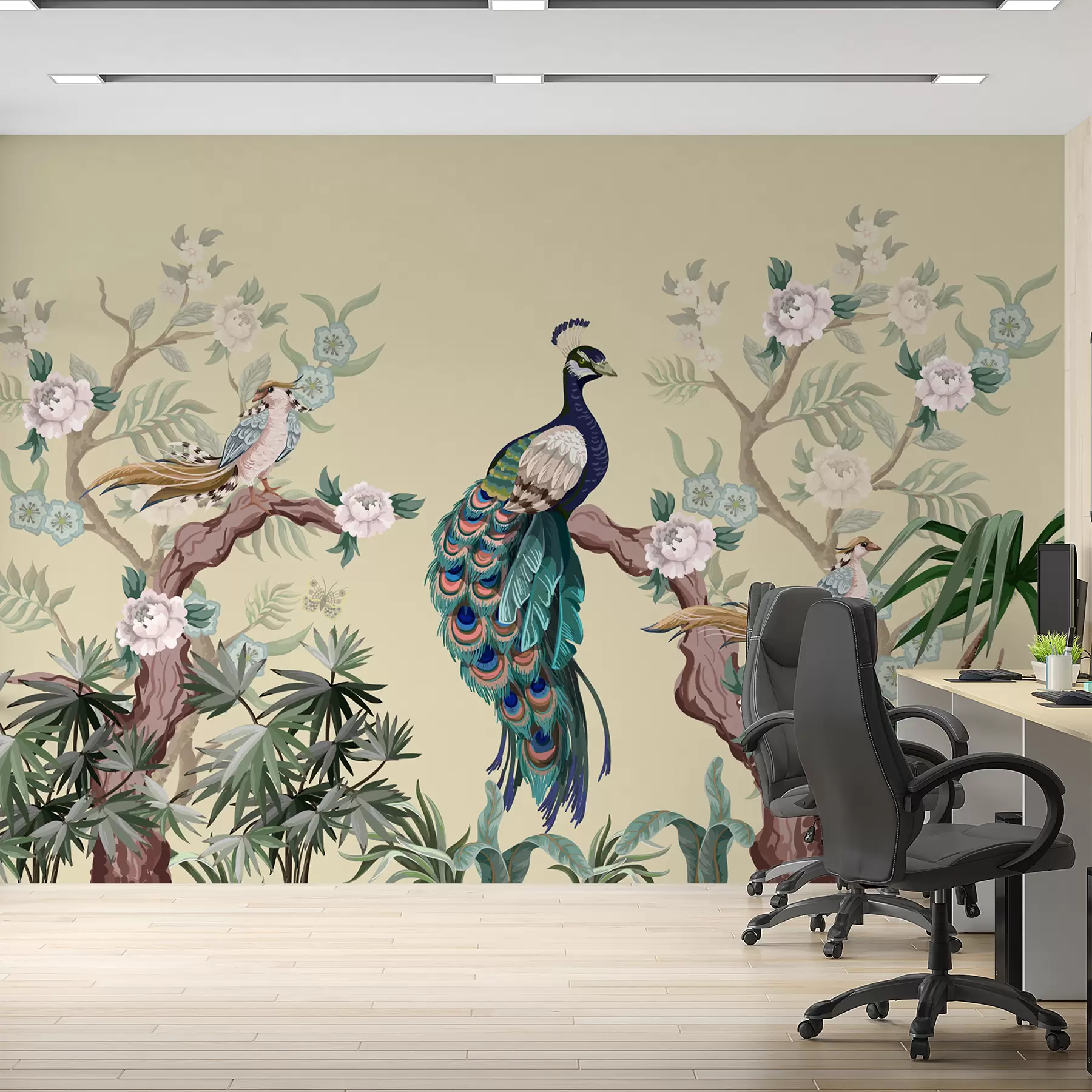 fototapet păun pe un copac, fundal bej w08168