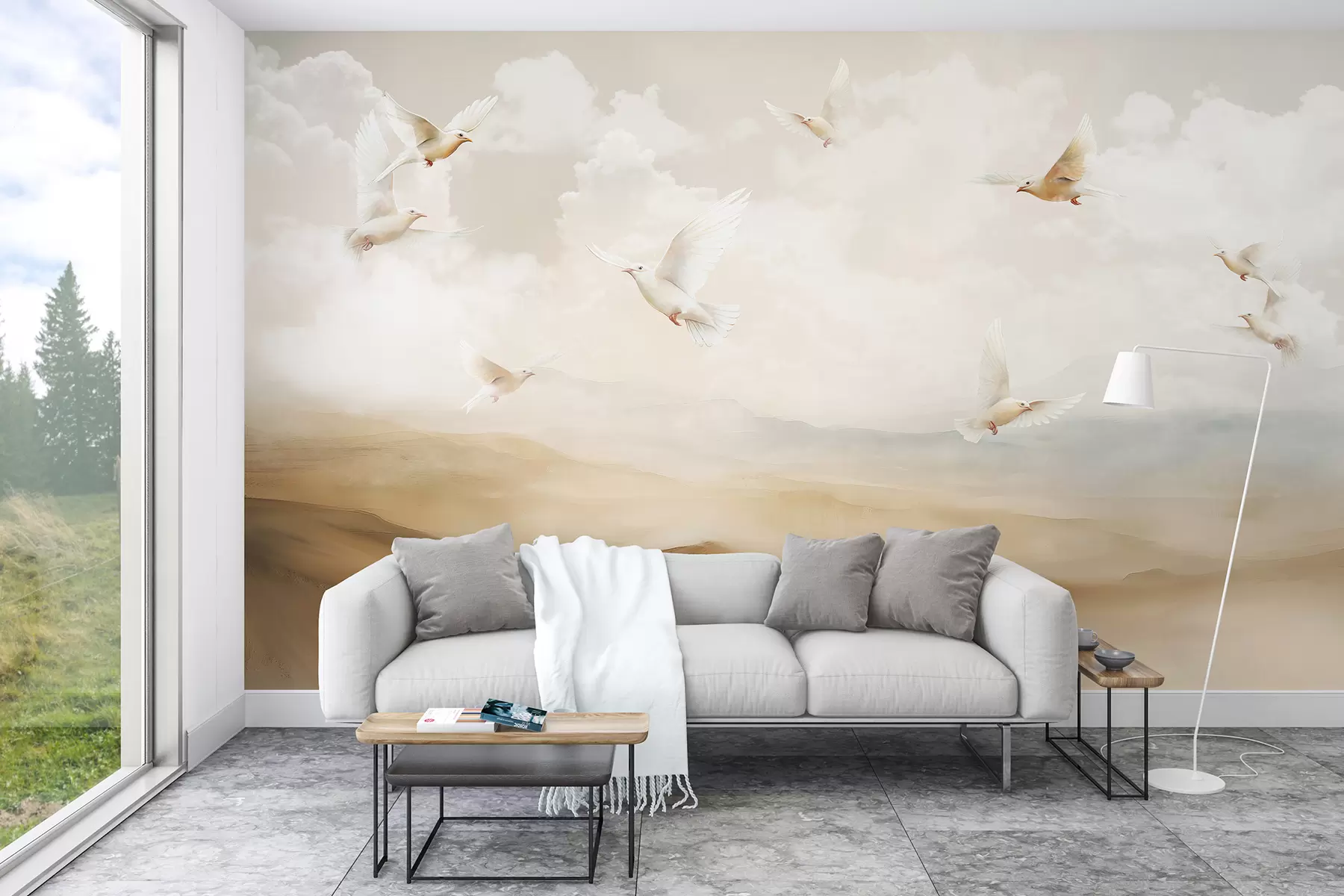 fototapet Păsări zburătoare pe cer cu nori, peisaj natural, desen acrilic, culori pastel bej w08143