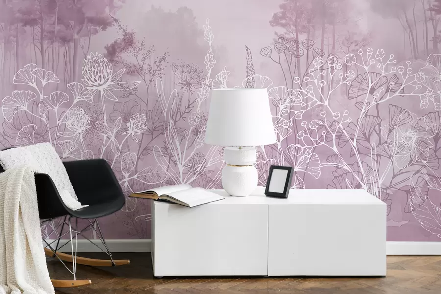 fototapet Linie de desen flori, peisaj forestier, natura, realism, paleta de culori roz w08144v3